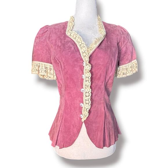 Vintage Tops - Vintage Pink Suede Lace Trim Western Prairie Blouse Peplum Romantic Leather Top